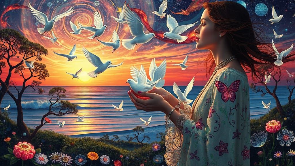 Psychedelic Summer Night Utopia with Doves