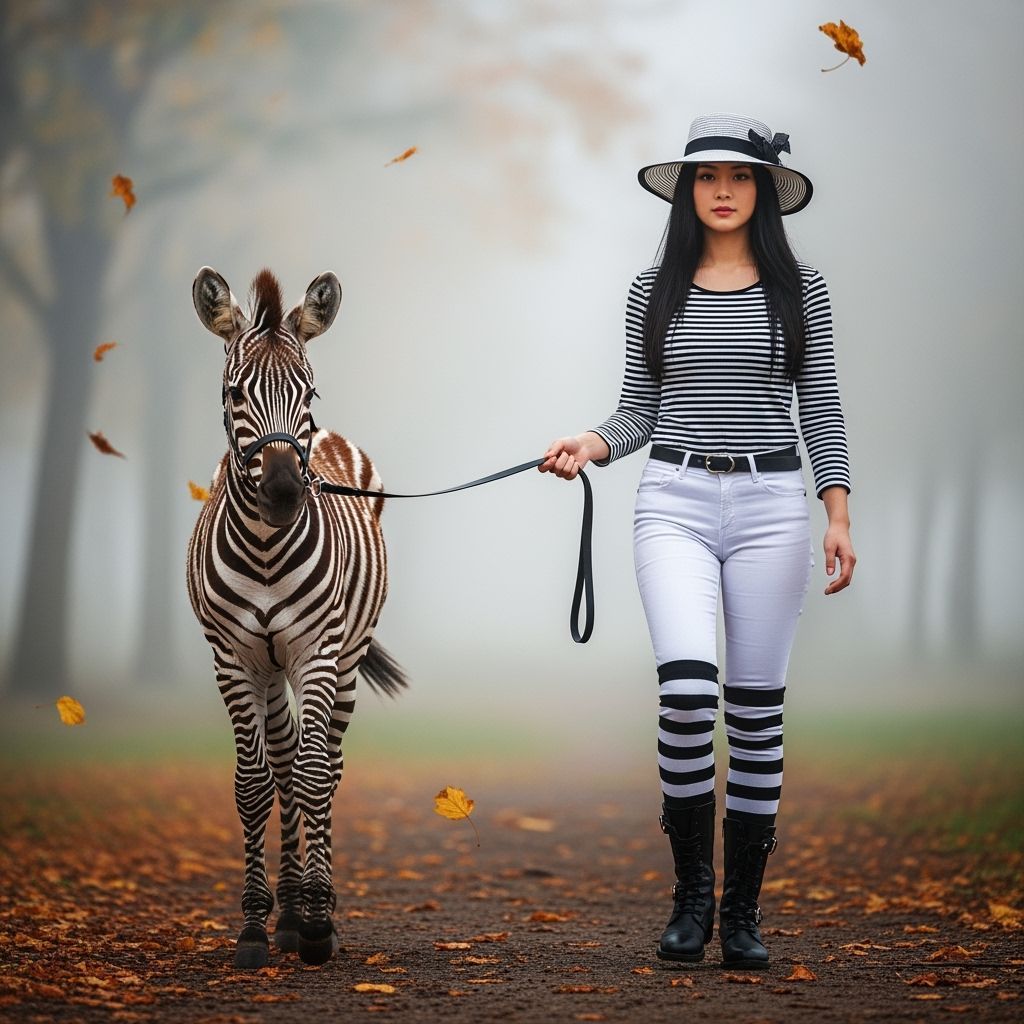 Woman Leads Zebra in Autumn Landscape