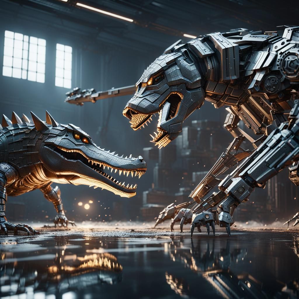 Epic Metal Dog vs Crocodile Fight in Sci-Fi Style