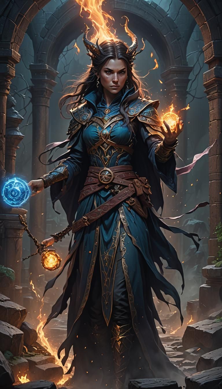 Sorceress Casting Dark Magic in Dungeons and Dragons Style