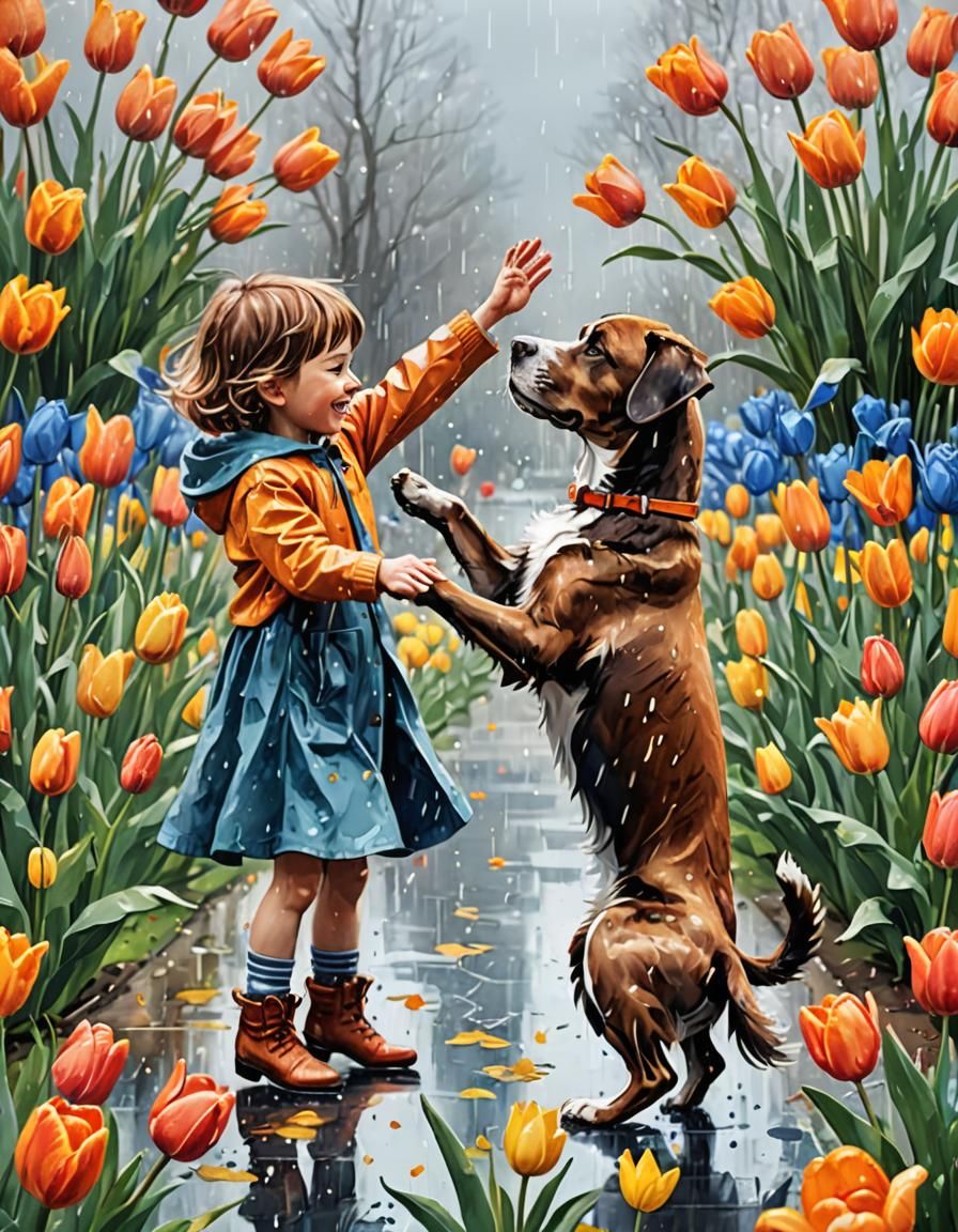 Child and Dog High-Five in Rainy Tulip Garden