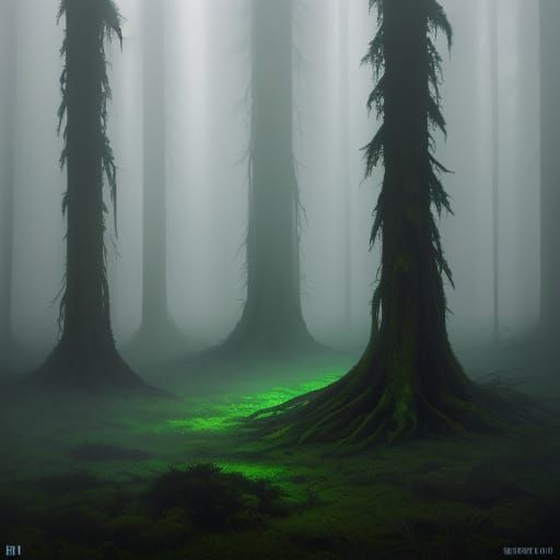 Eerie Foggy Forest Concept Art in Hyperrealistic Style
