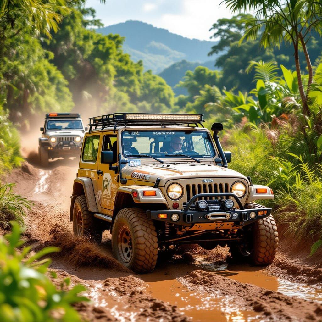 Off-Road 4x4 Cars Driving Through Muddy Landscape