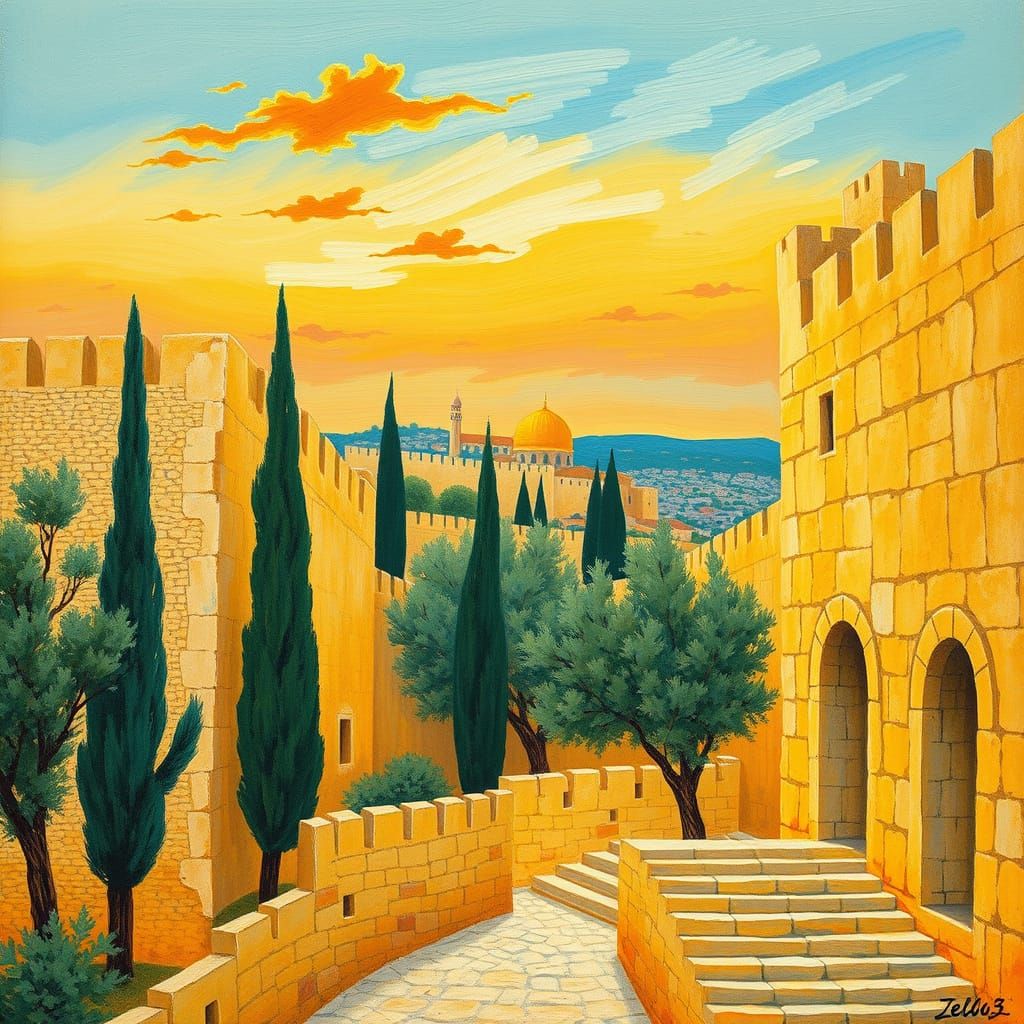 Jerusalem Old City Walls in Naive Folk Art Style