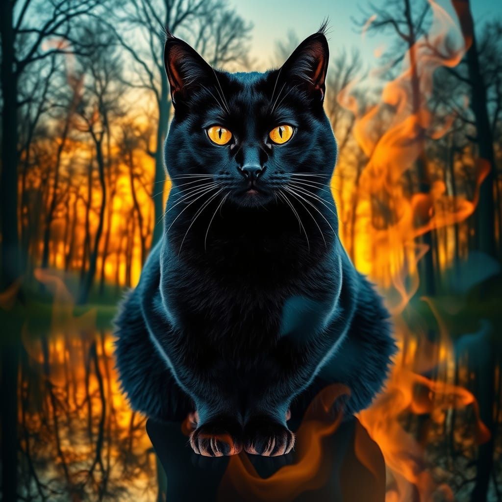 Majestic Black Cat in Surreal Forest Landscape