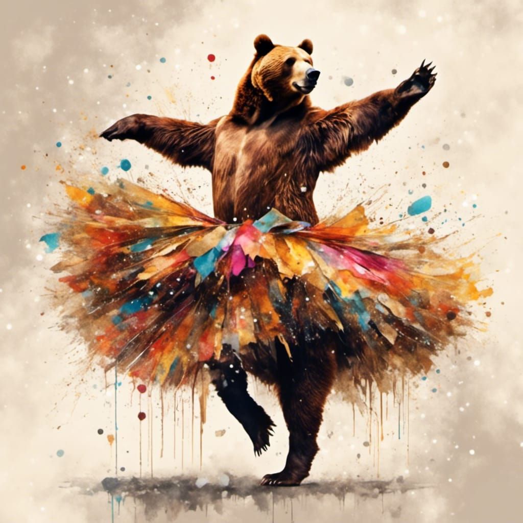 Dancing Brown Bear Ballerina in Gouache Collage