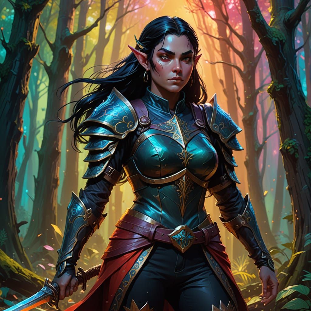 Ethereal Female Elf Warrior in Vibrant, Gradient Background