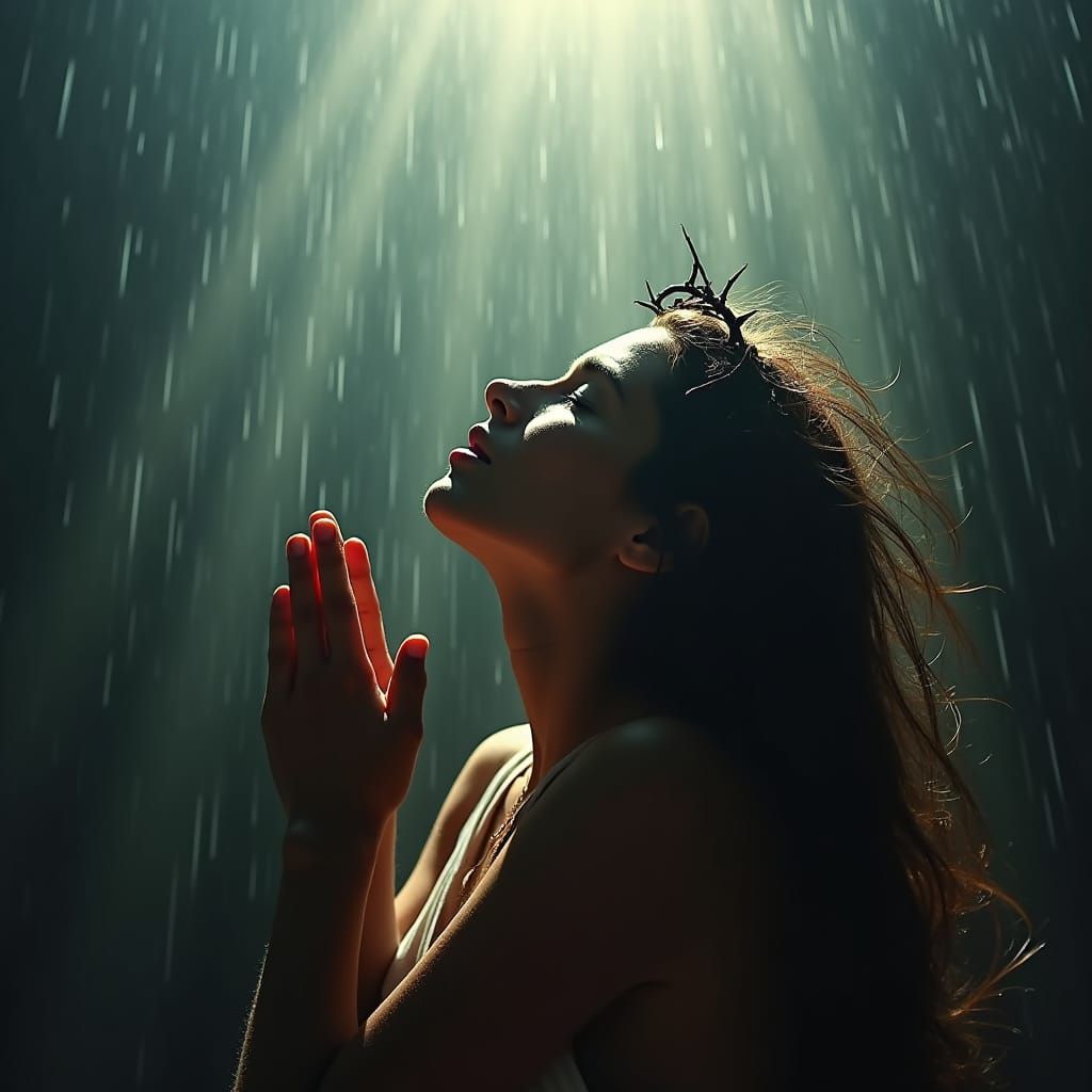 Woman in Torrential Rain with Crown of Thorns