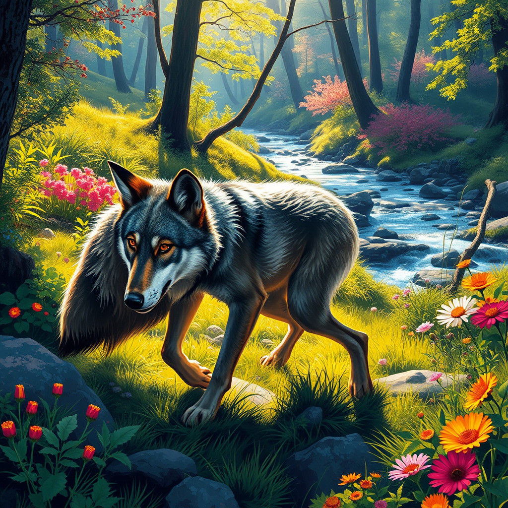 Wolf Cub in Lush Forest, Graffiti Art Style