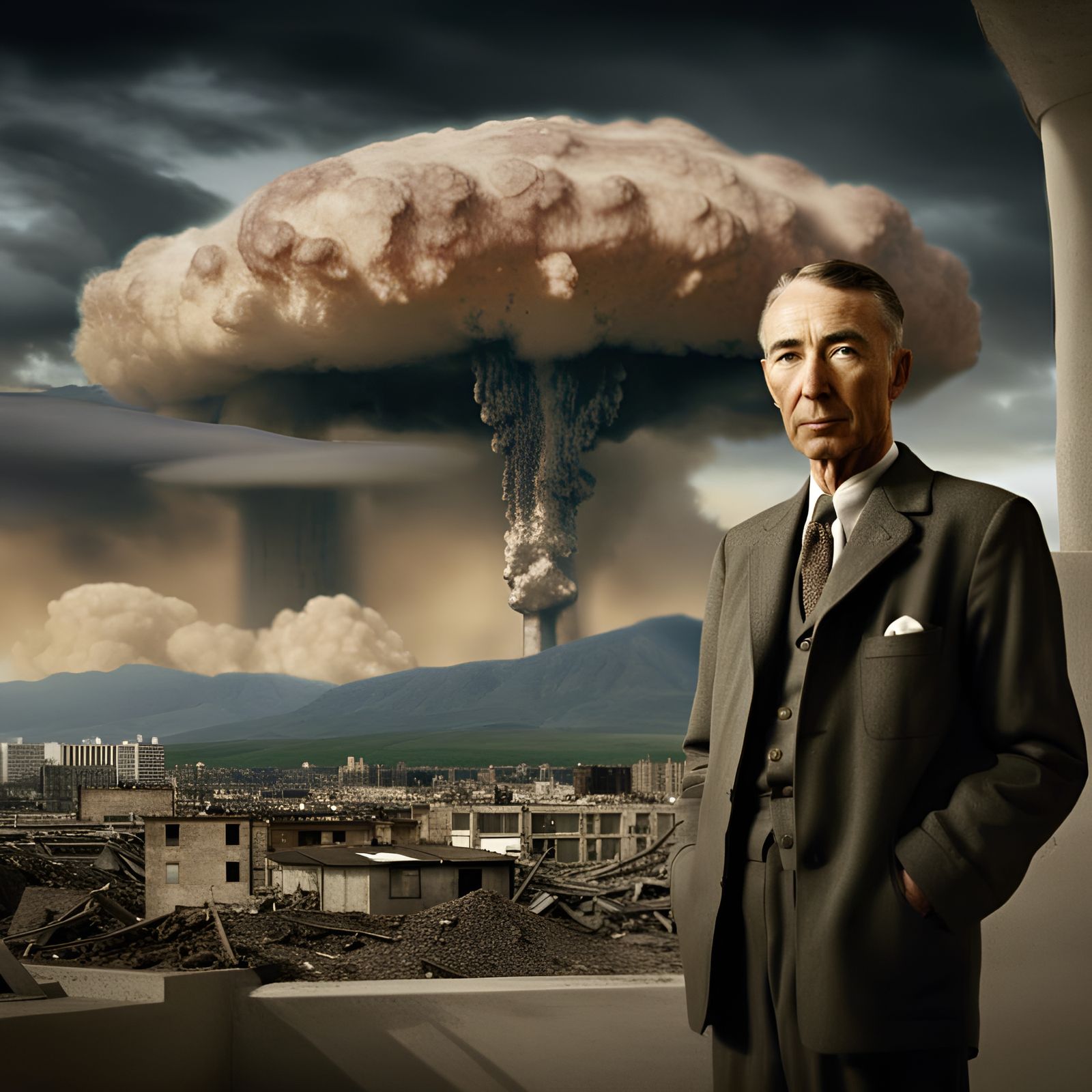 Oppenheimer Portrait with Hiroshima Cloud, HDR, 4K