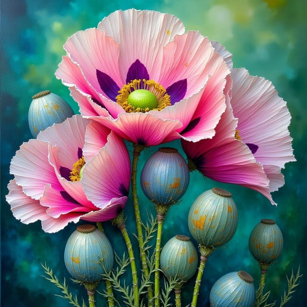 Poppy Flowers in Impasto Oil Painting Style