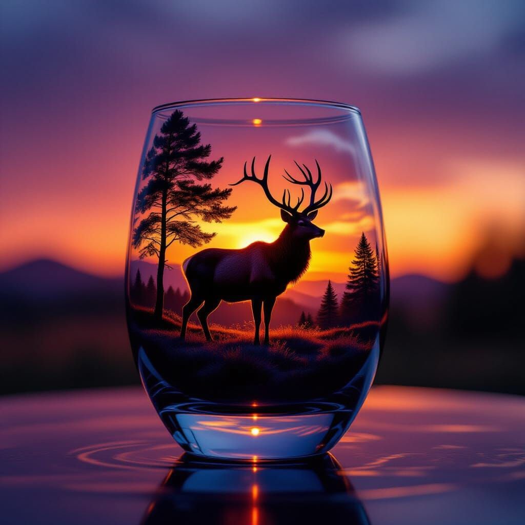 Glass World Scene With Stag at Sunset