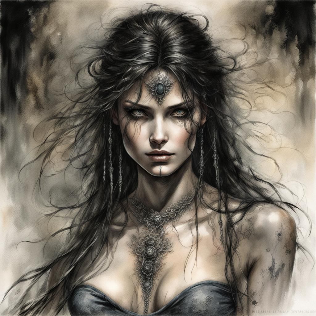 Confident Woman with Tattoos in Dark Tones