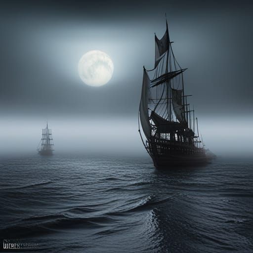 Medieval Ships on Foggy Ocean with Green Moon