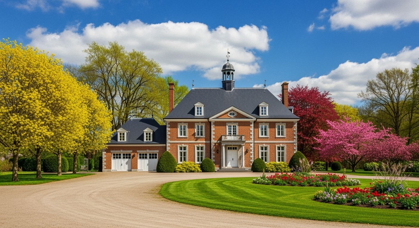 Grand Brick Chateau with Vibrant Garden and Painterly Sky
