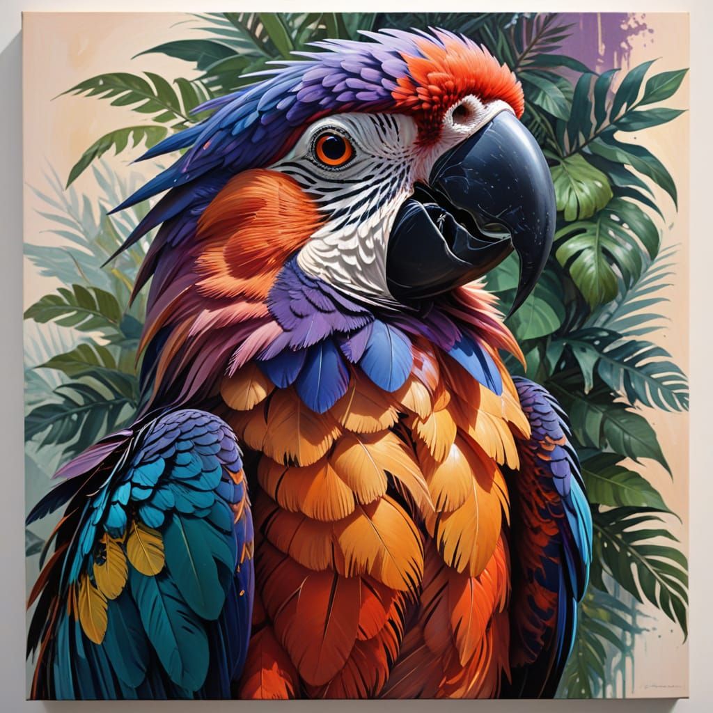Expressive Oil Painting of a Purple Parrot's Head