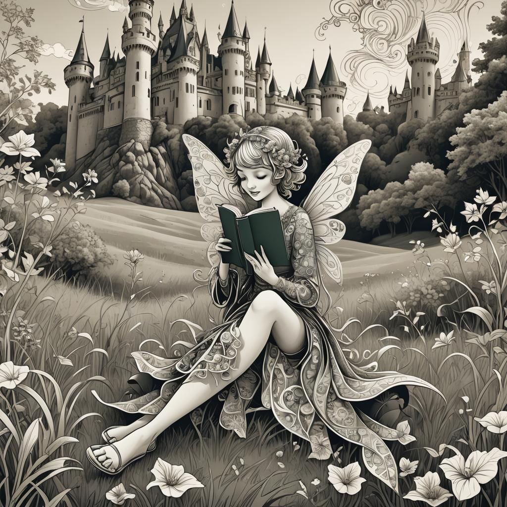 Pixie Fairy Reading Book with Castle Background