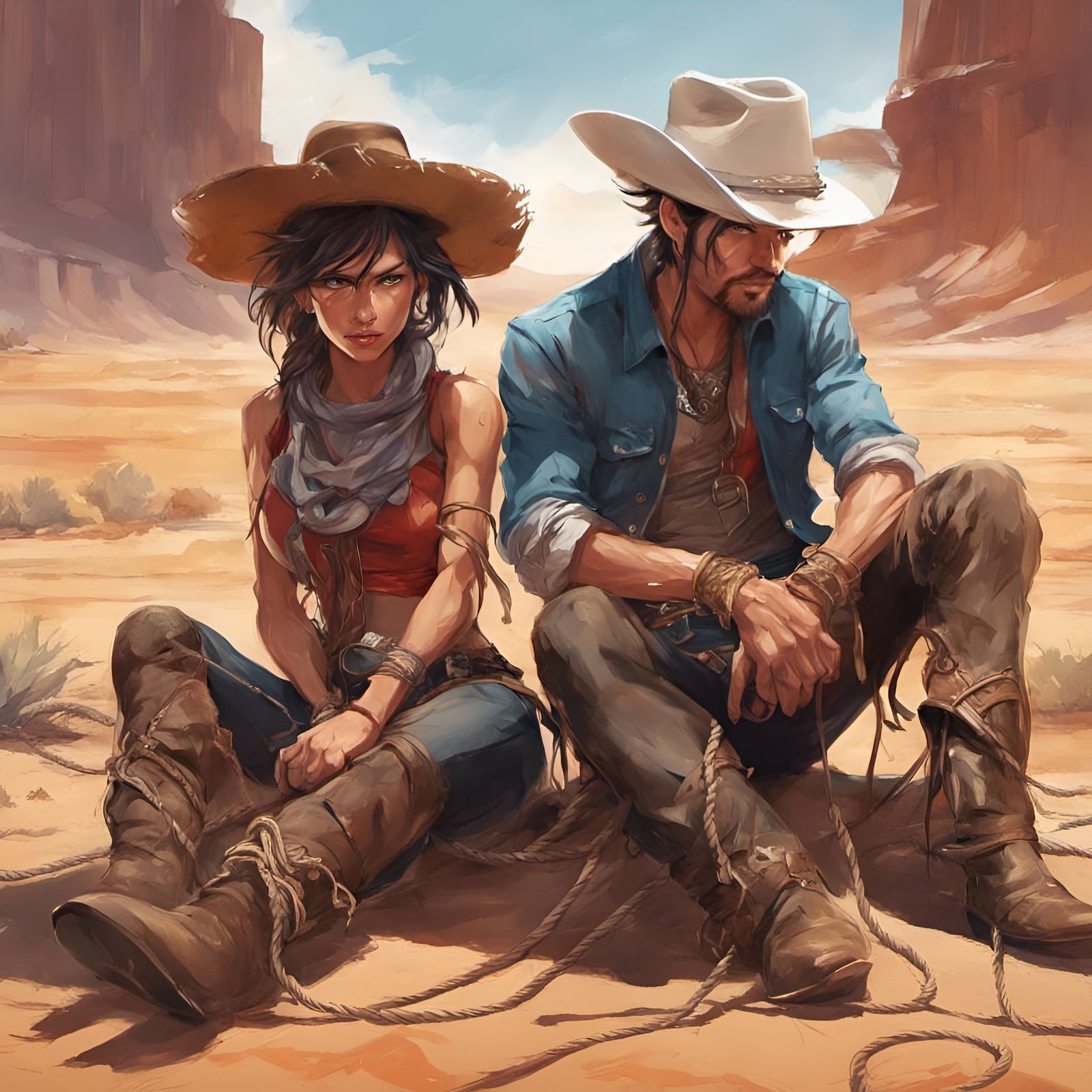 Cowboy and Cowgirl in Desert, Manga Style