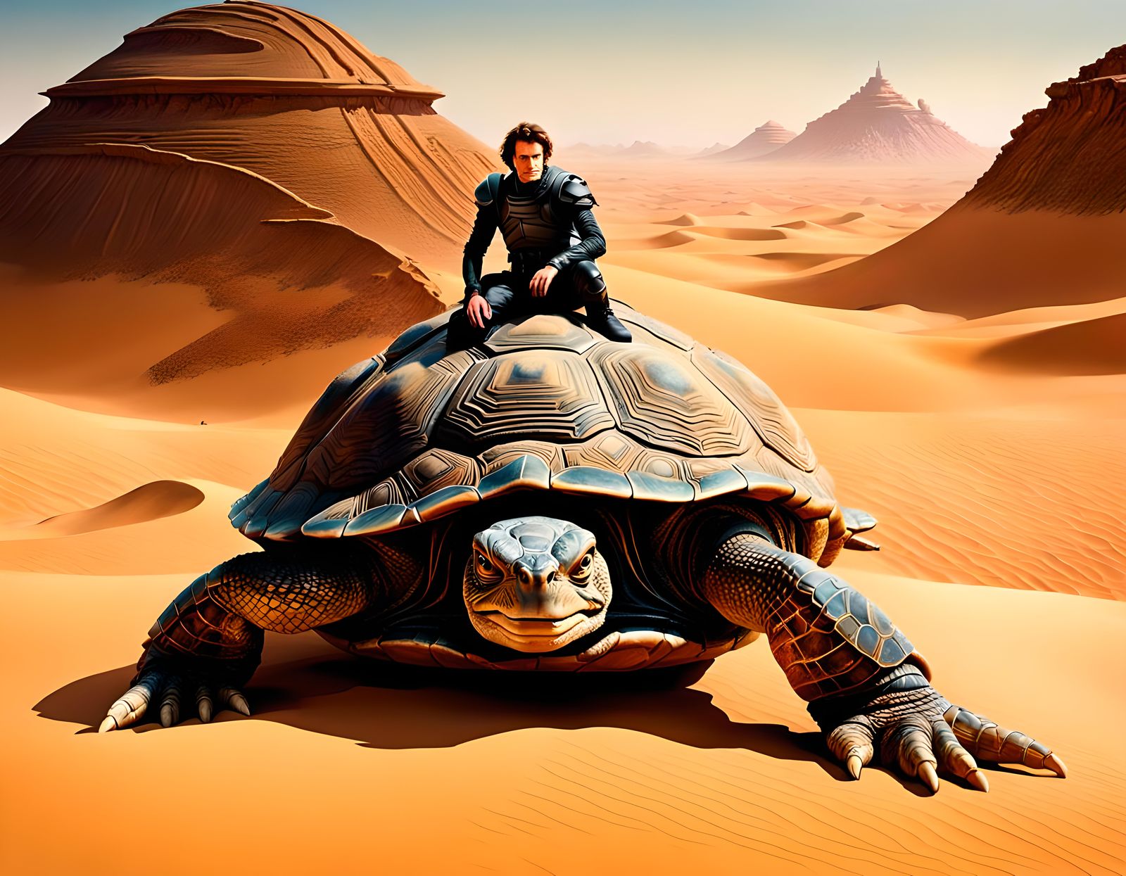 Paul Atreides on Giant Turtle in Desert