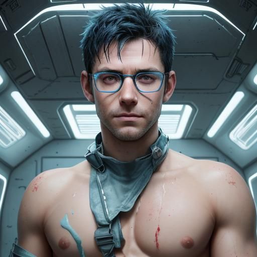 Exhausted Hero with Glowing Eyes in Spaceship