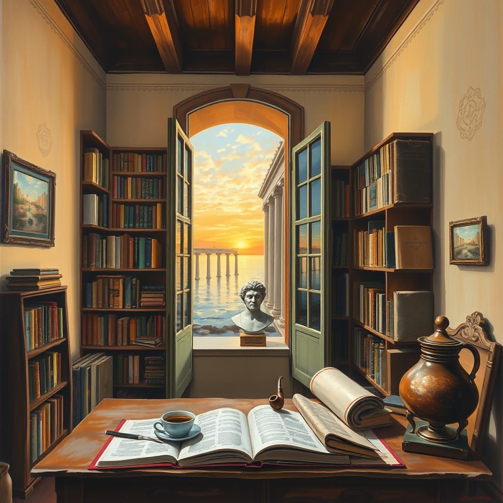 Cozy Antiquity Study Painting with Seascape View
