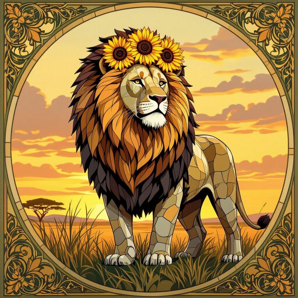 Lion with Sunflower Mane in Art Nouveau Style