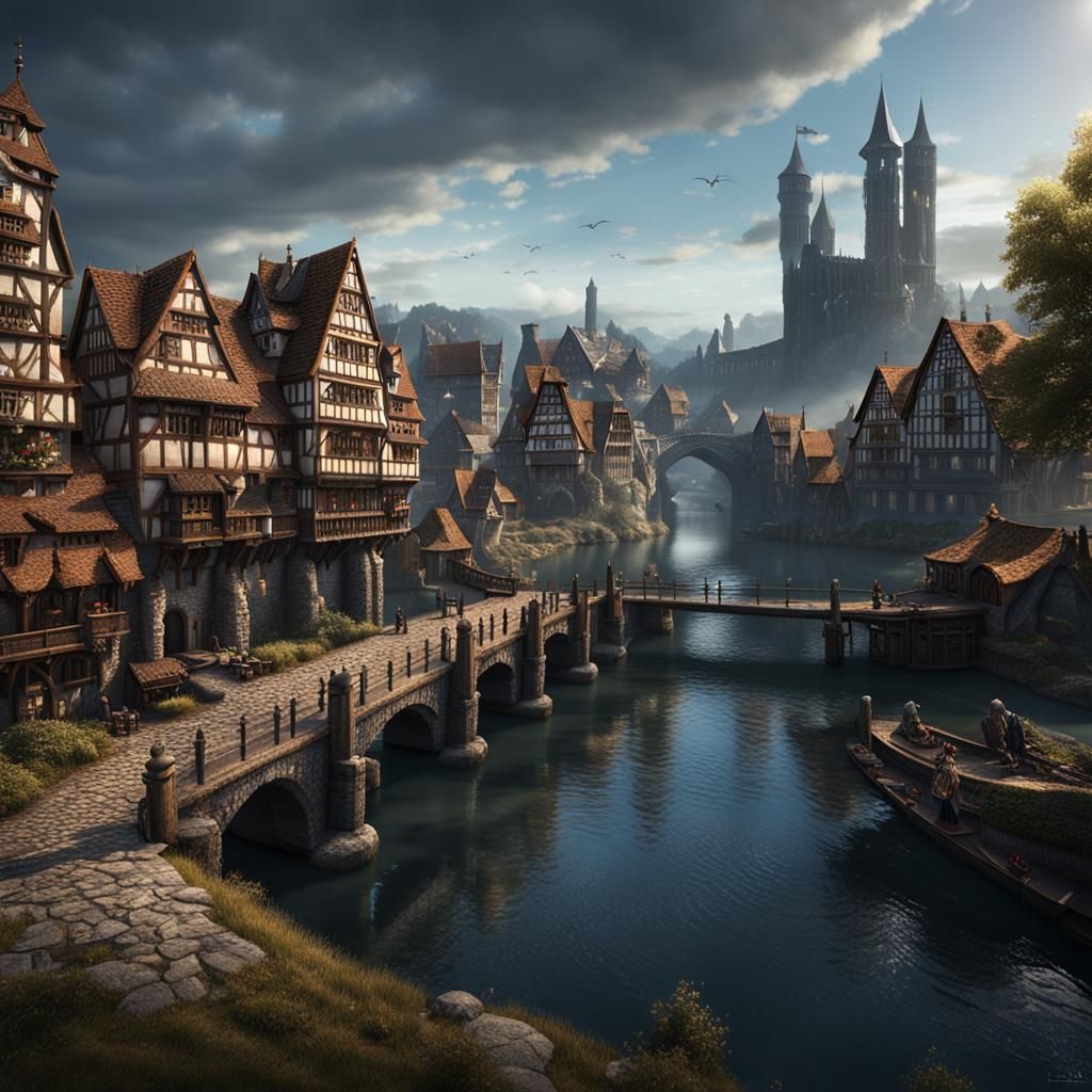 Dark Fantasy Medieval Port City in German Style