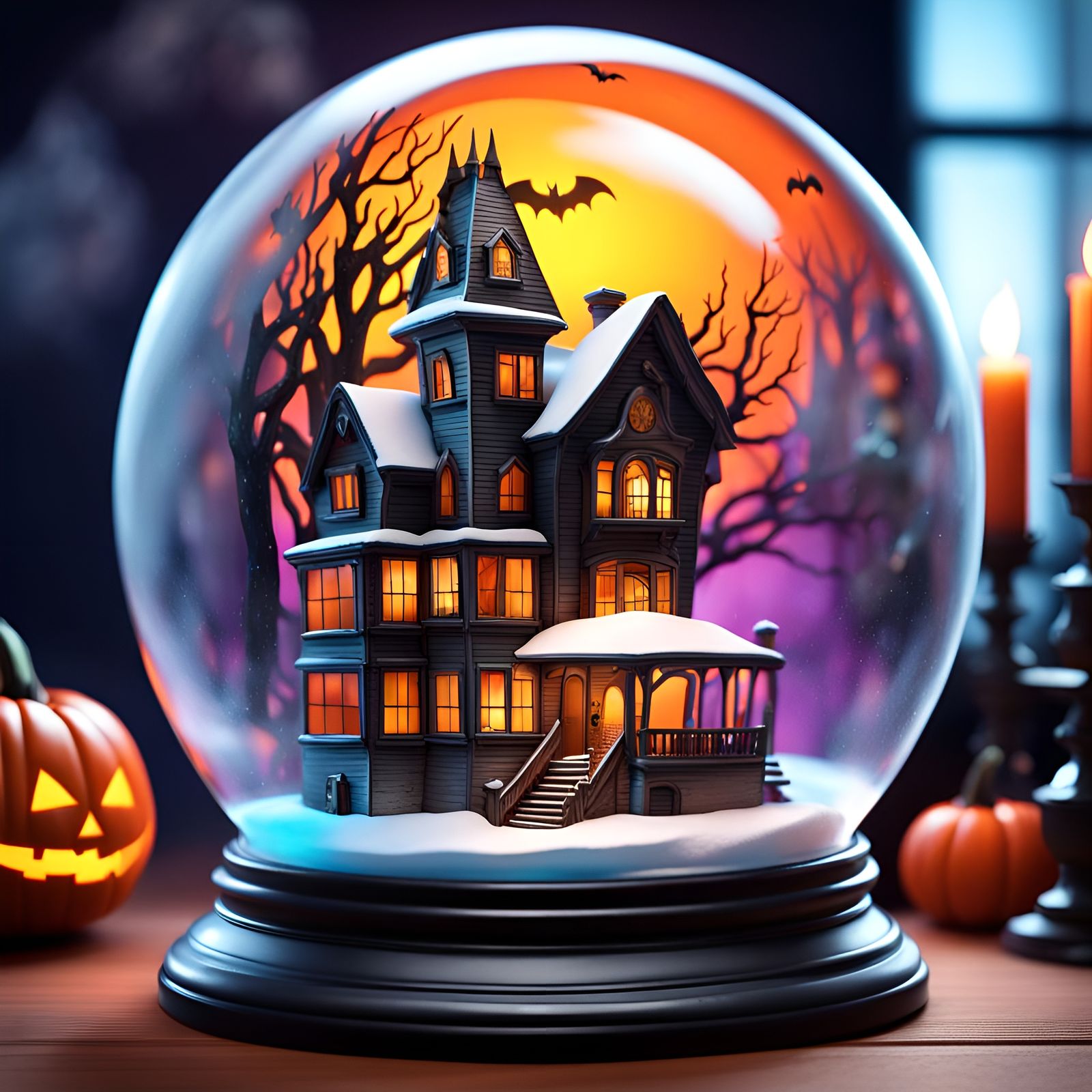 Haunted House in Hyperrealistic 3D Snow Globe