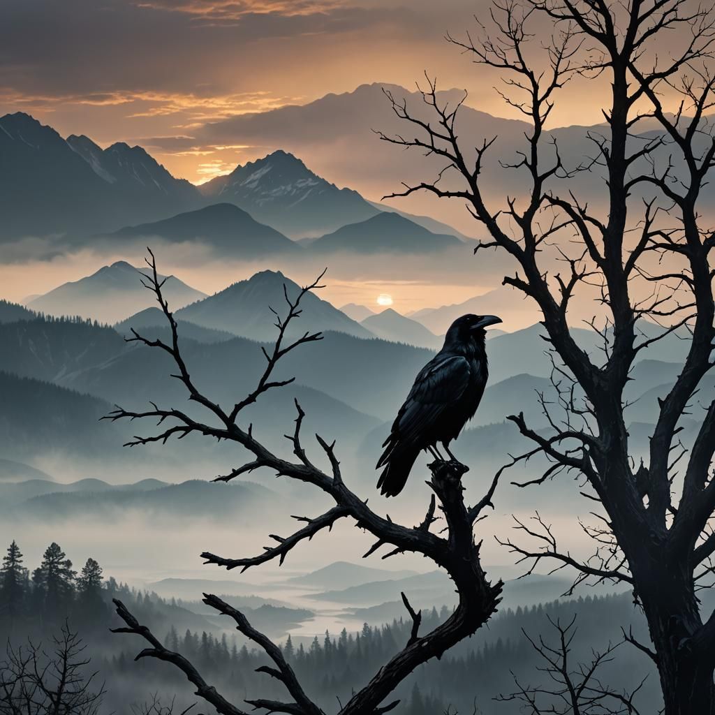 Eerie Raven on Branch at Misty Sunrise