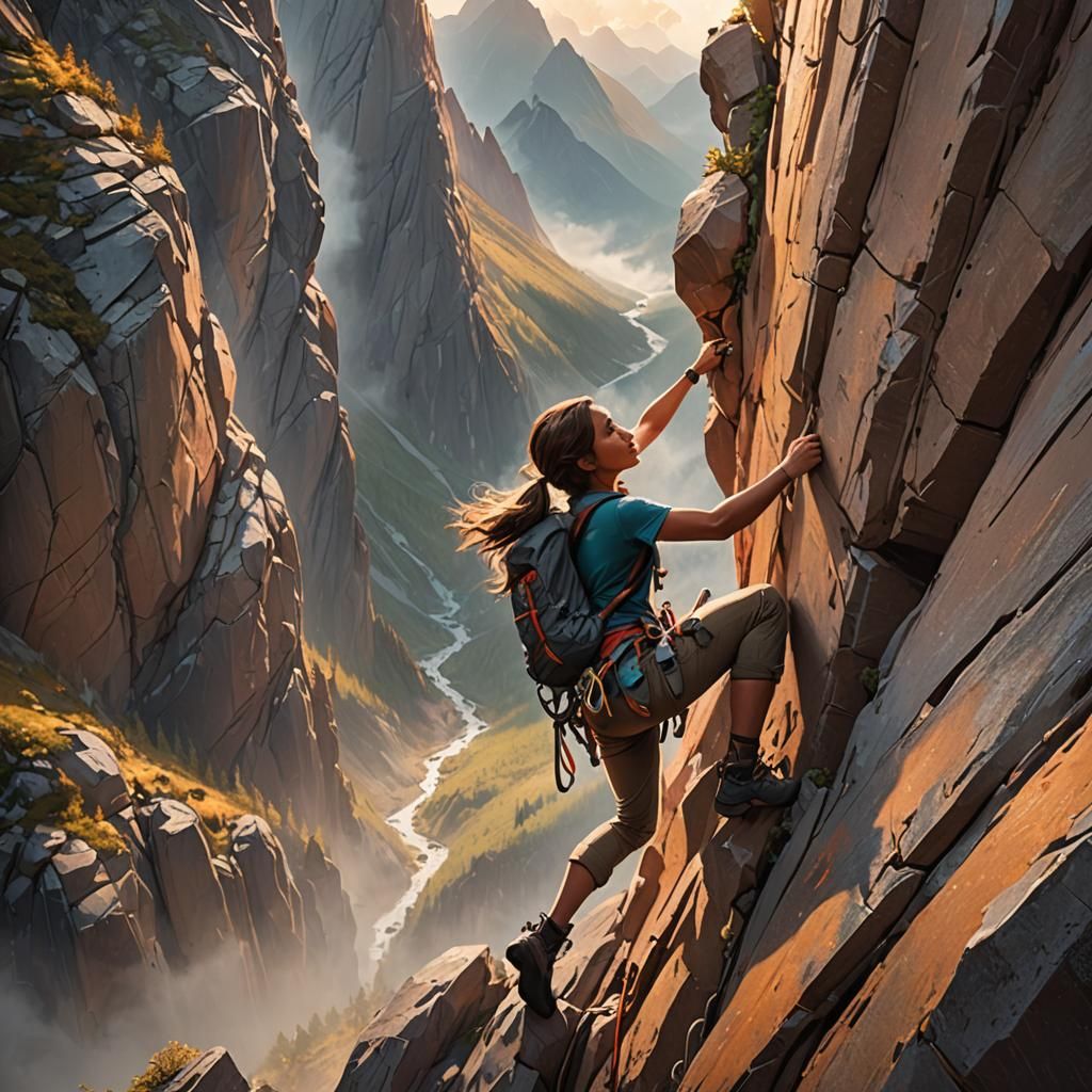 Girl Rock Climbing in Vibrant Mountain Landscape