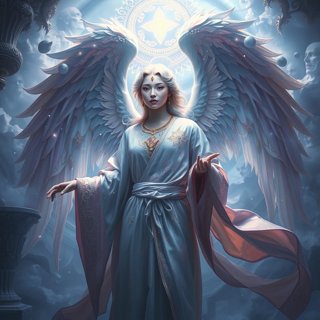 Ethereal Angel in Lemurian Silk Robes, Fantasy Realm