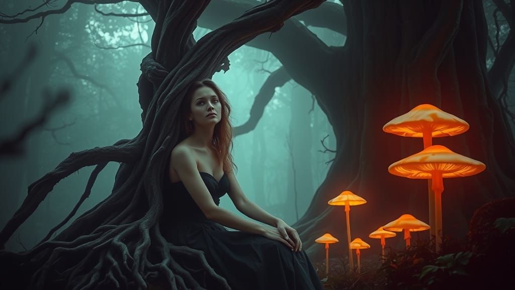 Surreal Woman Embodies Duality in a Dark, Misty Forest