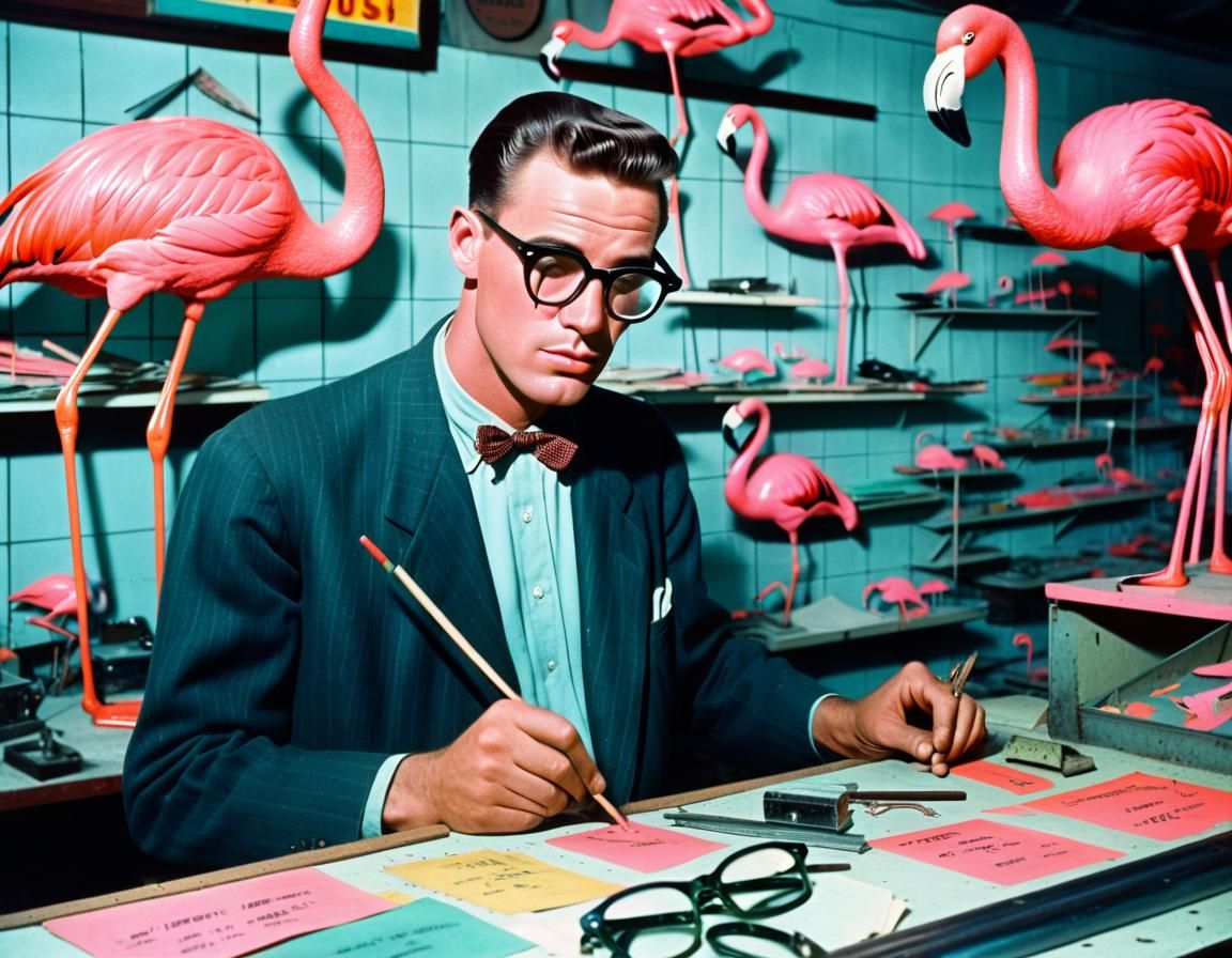 1950s Sign Shop Scene with Neon Flamingos