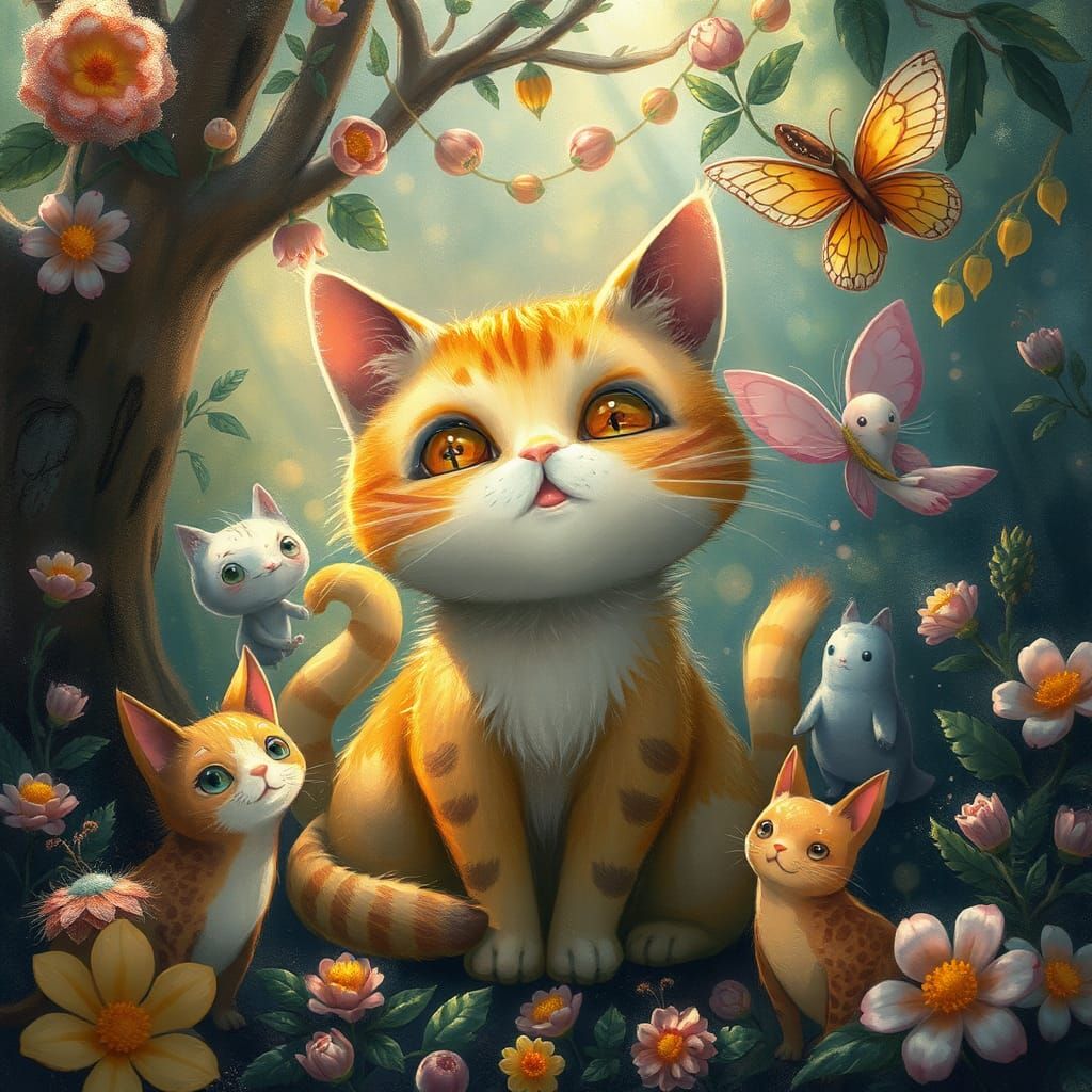 Whimsical Cat and Friends in a Magical Setting