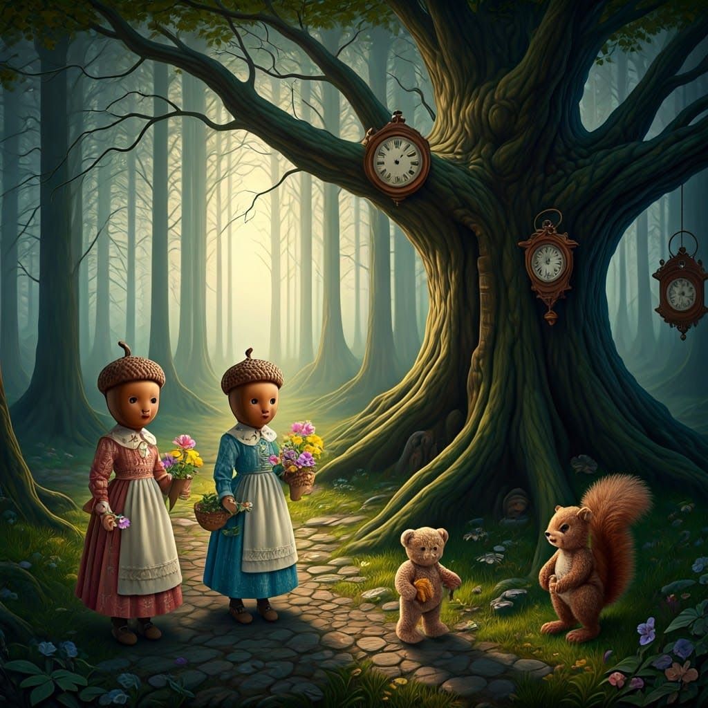 Mystical Forest Dolls Pick Flowers: Surrealist Oil Painting
