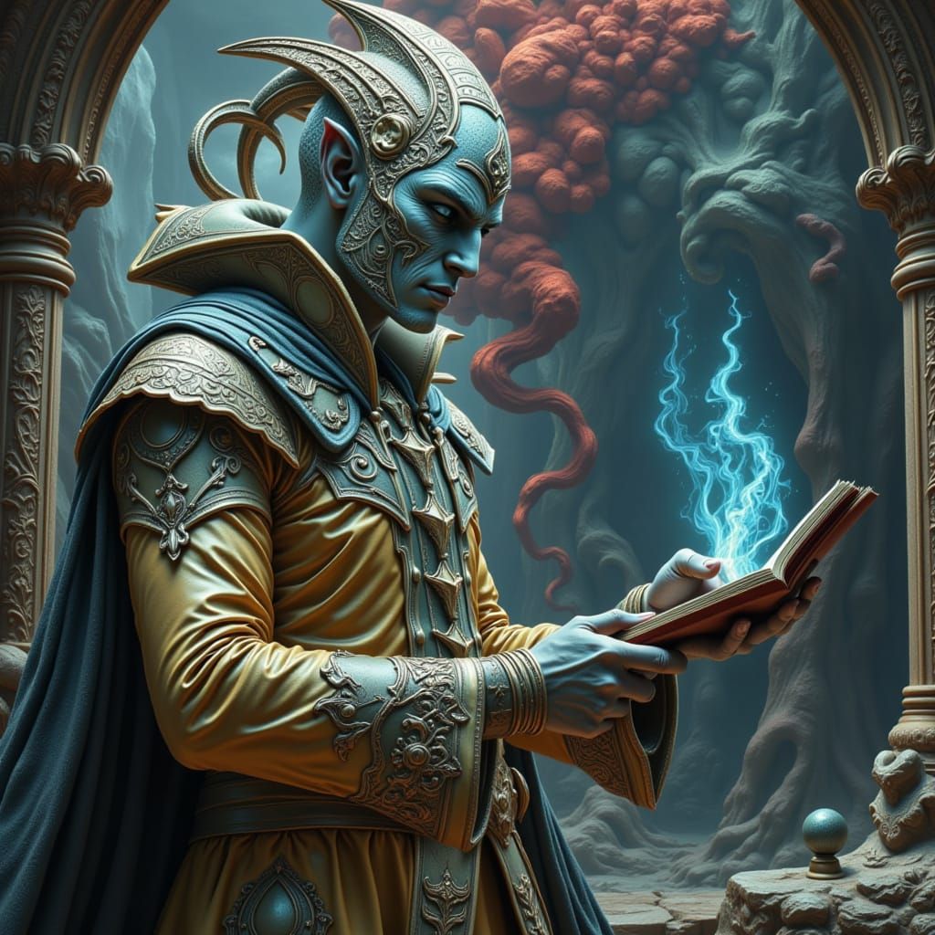 Morphesius Consults the Book of Dreams in Dark Fantasy Style