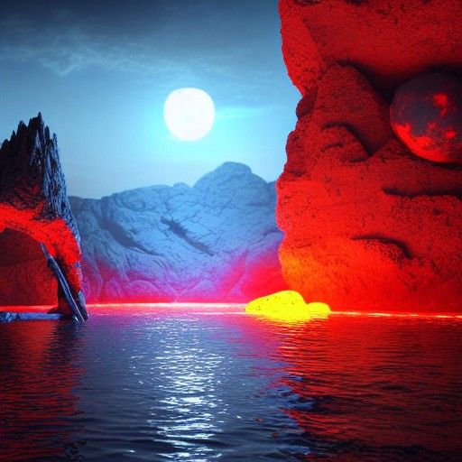 Glowing Red Sword in Blue Lake: Digital Matte Painting