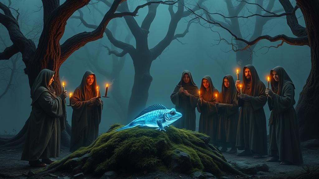 Mystical Frogfish Deity in Dreamlike Forest Clearing