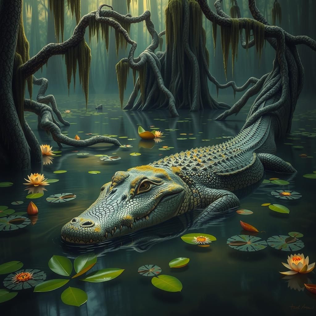 Alligator in Florida Swamp, Landscape Painting