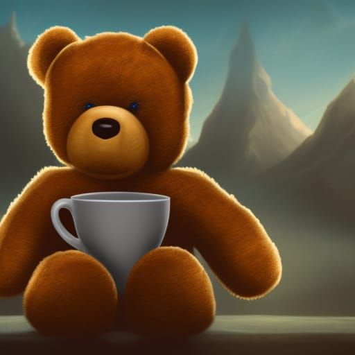 Teddy bear holding a mug of coffee