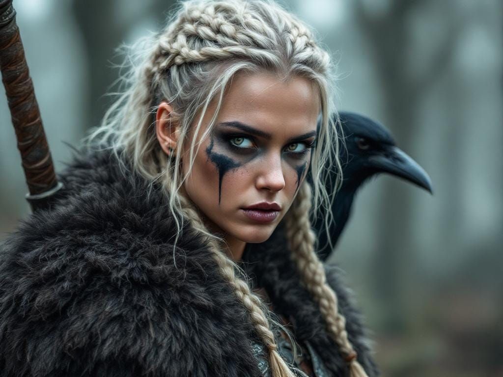 Fierce Viking Woman with Raven in Forest