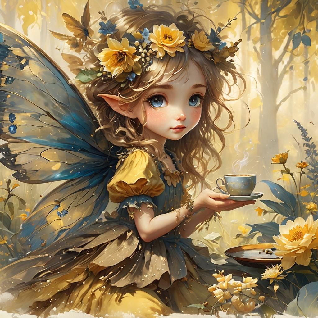 Fairy Sprinkling Coffee Beans in Impressionist Meadow