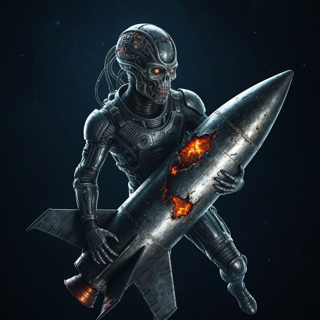 Muscular Alien Grips Chewed Rocket in Space