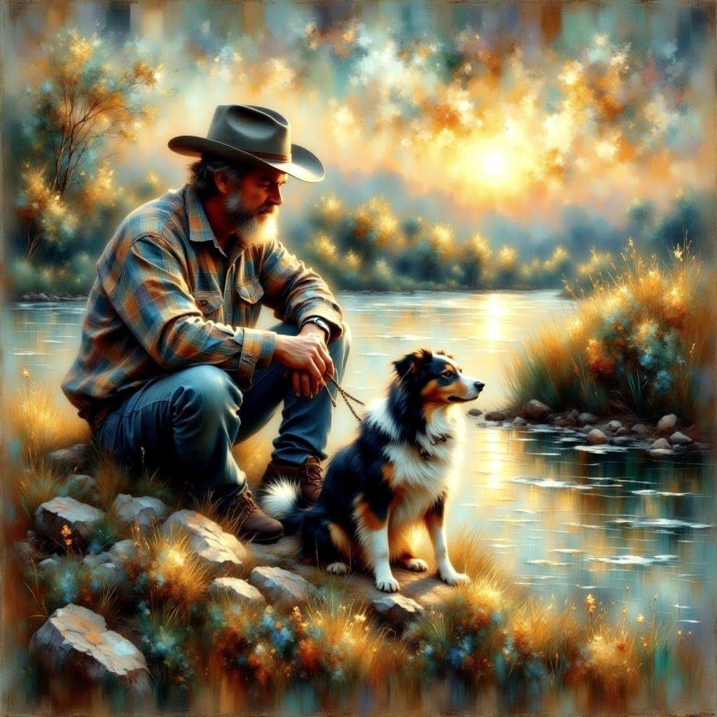 Farmer and Dog in Impressionistic Sunset Portrait