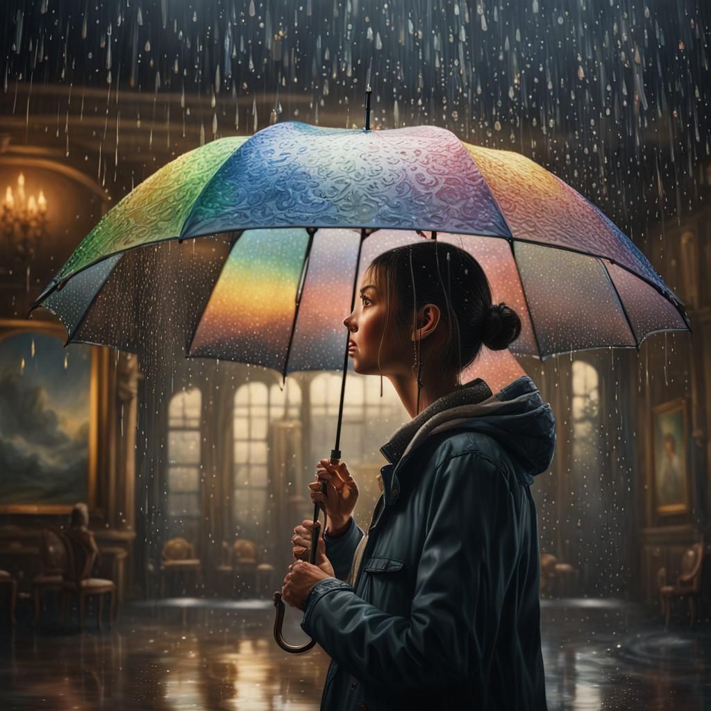 Rain Inside: Hyperrealistic Umbrella Environmental Portrait