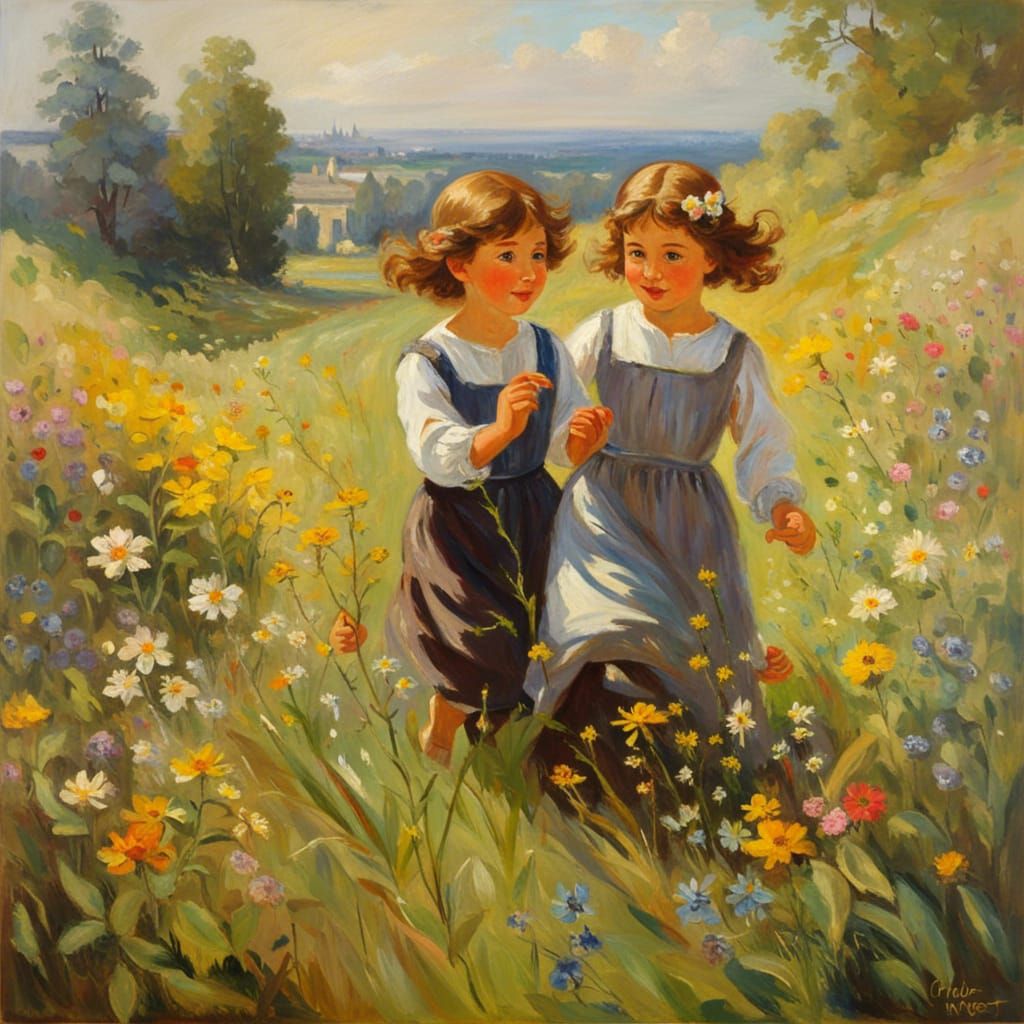 Medieval Children Frolic in Wildflower Meadow as Impressioni...