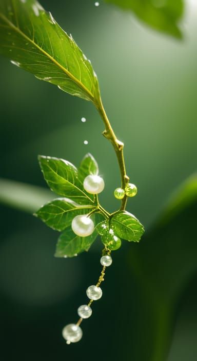 Luminous Pearl Water Droplet on Leaf in Macro
