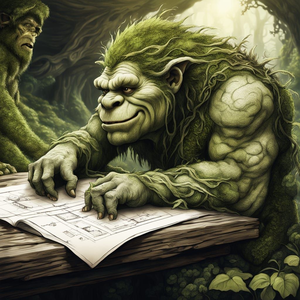 Moss-Covered Troll Examines Bridge Plans in Fantasy Art