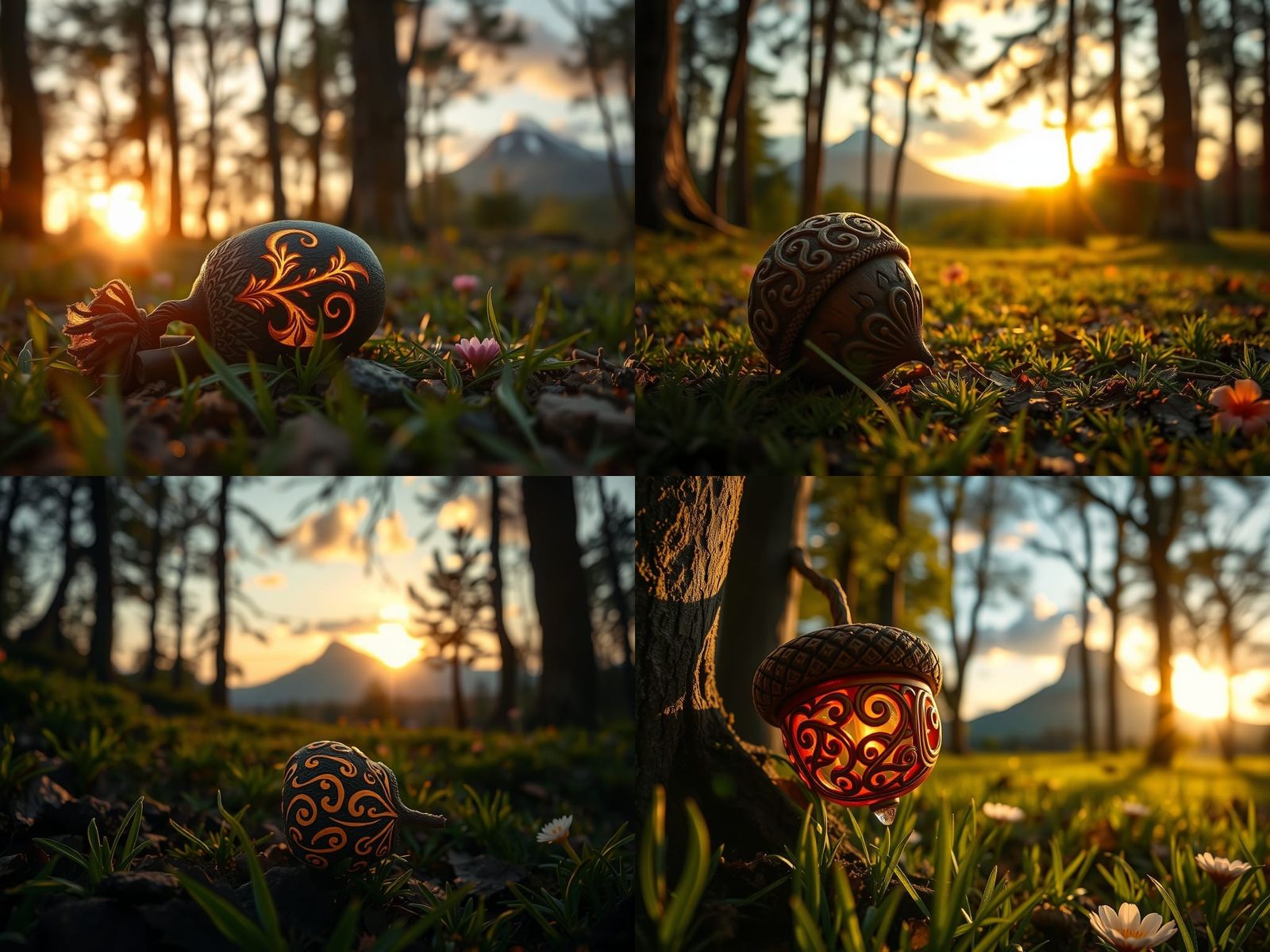 Whimsical Oak Seedling with Celtic Carvings in Sunset Forest