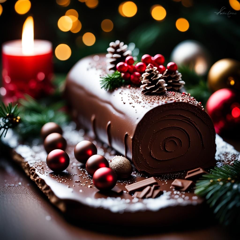 Festive Chocolate Bûche de Noël: Detailed Food Photography